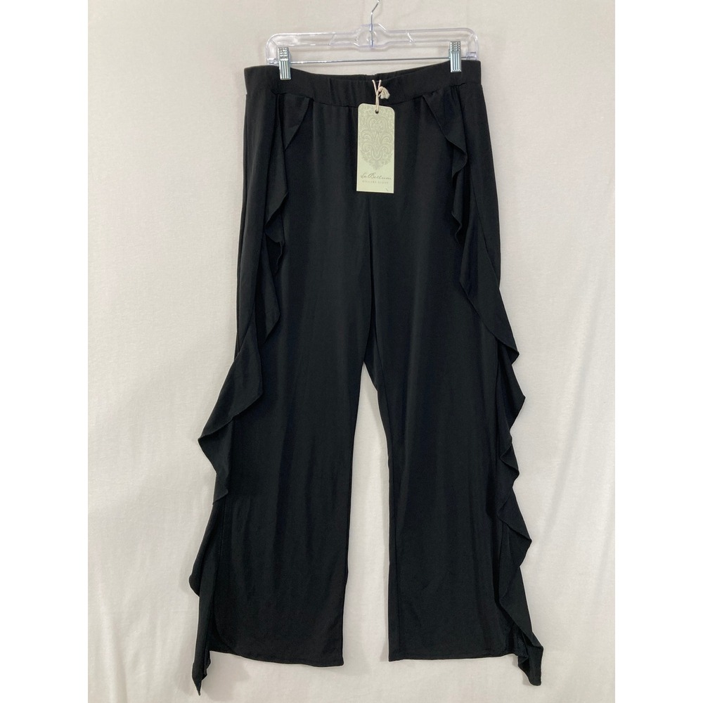 New La Bellum Hillary Scott Ruffle Wide Leg Ankle Pants Large Black Soft Flowy